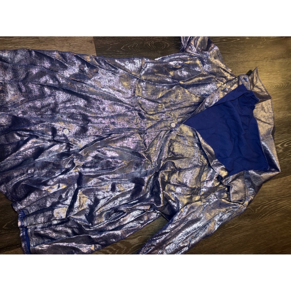 Shein Womens Blue Metallic Iridescent Crinkle Button Down Shirt Size L Large